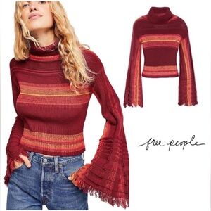 Free People Close To Me Pullover Turtleneck Sweater in Red Berry Stripe Size L
